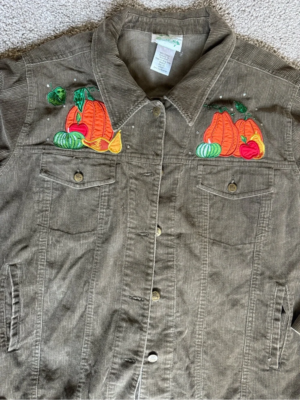 Vtg Quacker Factory Brown Corduroy Embroidered Thanksgiving Cornucopia Jacket 2X